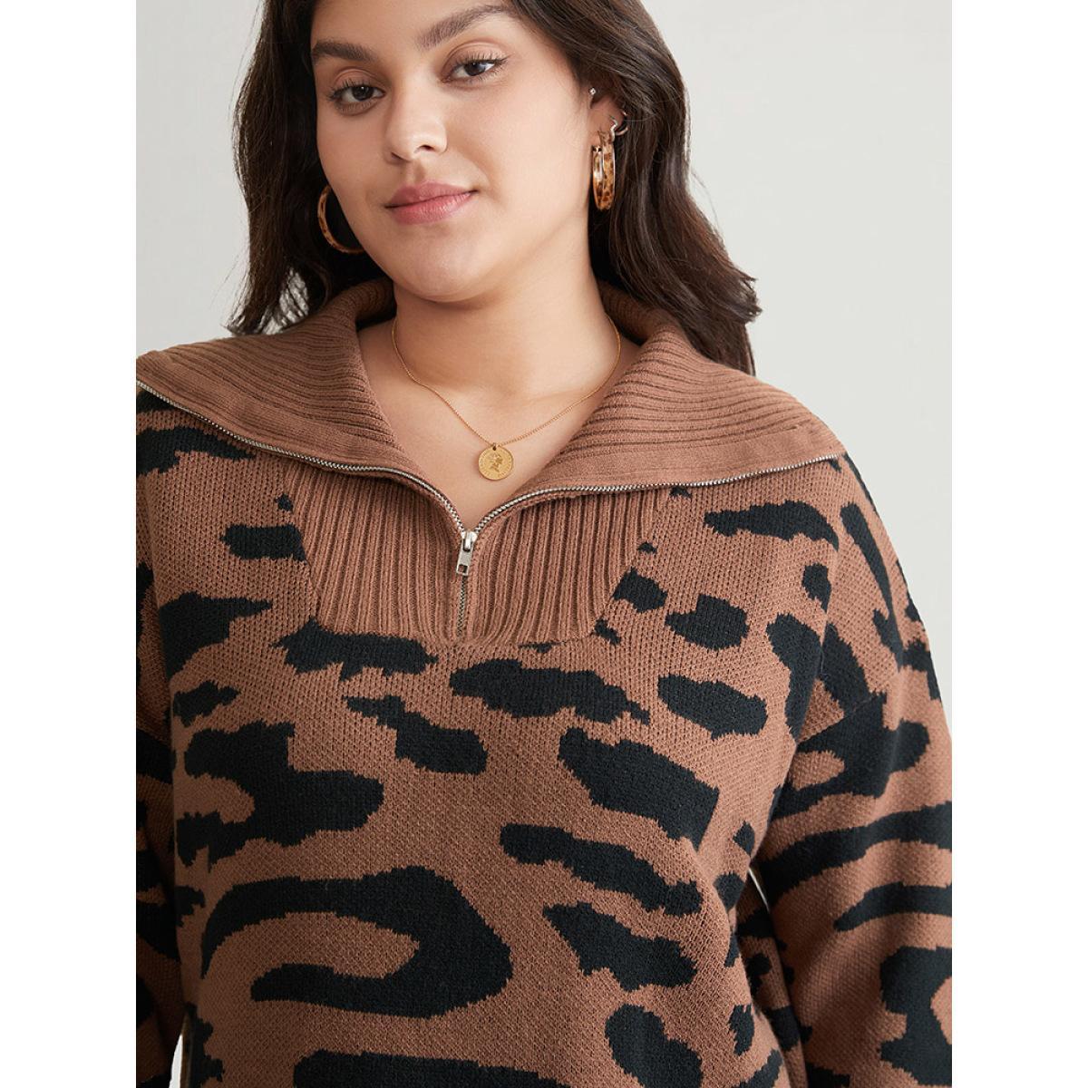 Plus Size Leopard Graphic Half Zip Polo Knit Pullover Rust Women Casual Loose Long Sleeve Polo Dailywear Pullovers BloomChic 12/L Product Image