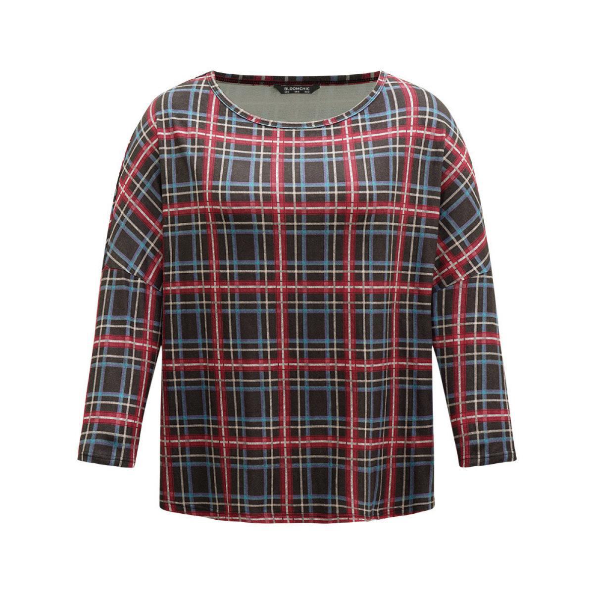 Plus Size Plaid Dolman Sleeve Round Neck T-shirt Multicolor Women Casual Contrast Plaid Round Neck Festival-Christmas T-shirts BloomChic 14-16/1X Product Image
