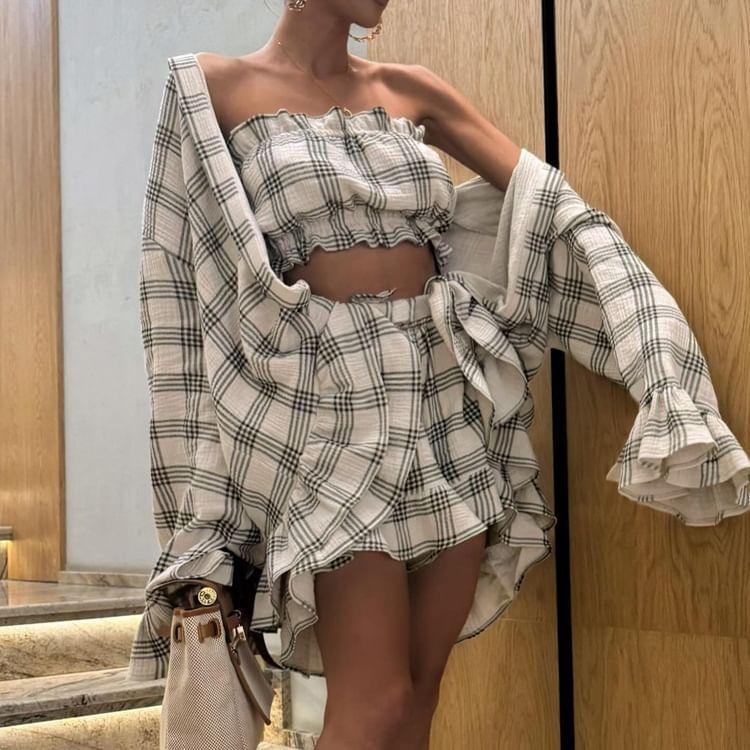 Set: Long-Sleeve Plaid Oversized Shirt + Crop Tube Top + Elastic Waist Shorts Product Image