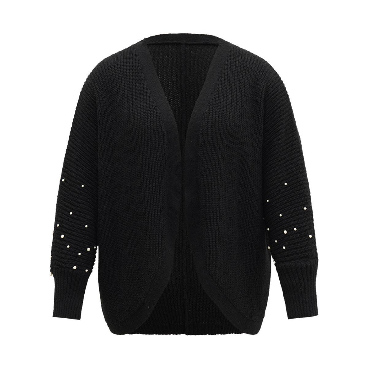 Plus Size Patchwork Pearl Beaded Curved Hem Cardigan Black Women Casual Loose Long Sleeve Dailywear Cardigans BloomChic 30/6X Product Image