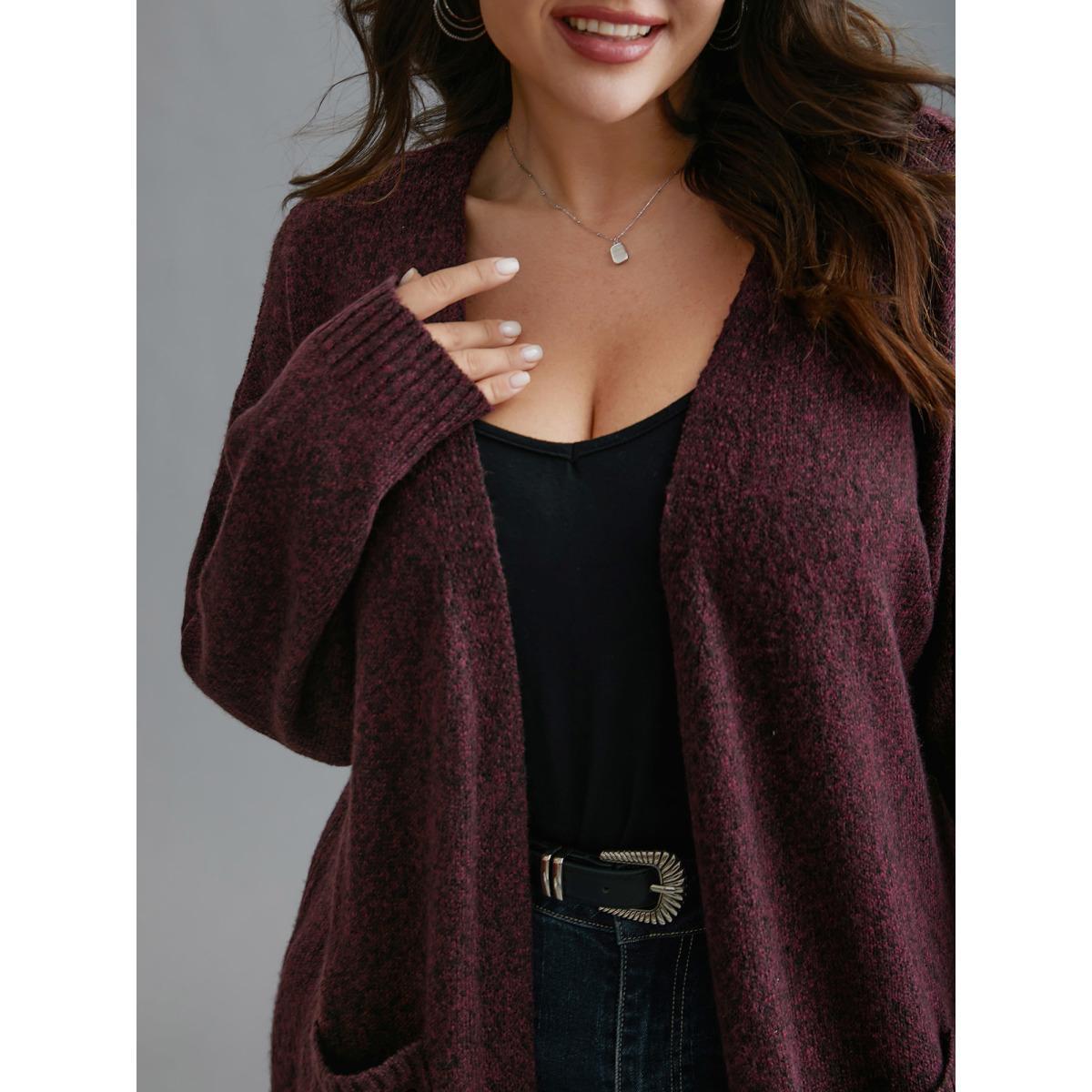 Plus Size Solid Patch Pocket Long Knit Cardigan Deepred Women Casual Loose Long Sleeve Everyday Cardigans BloomChic 12/L Product Image