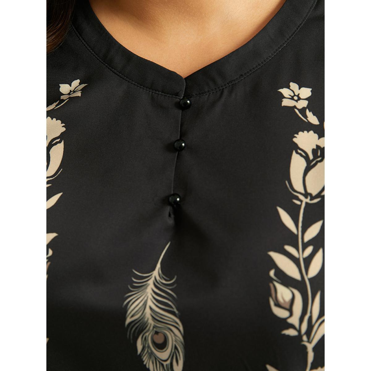 Plus Size Black Floral Print Button Up Lantern Sleeve Blouse Women Elegant Long Sleeve Round Neck Dailywear Blouses BloomChic 18-20/2X Product Image