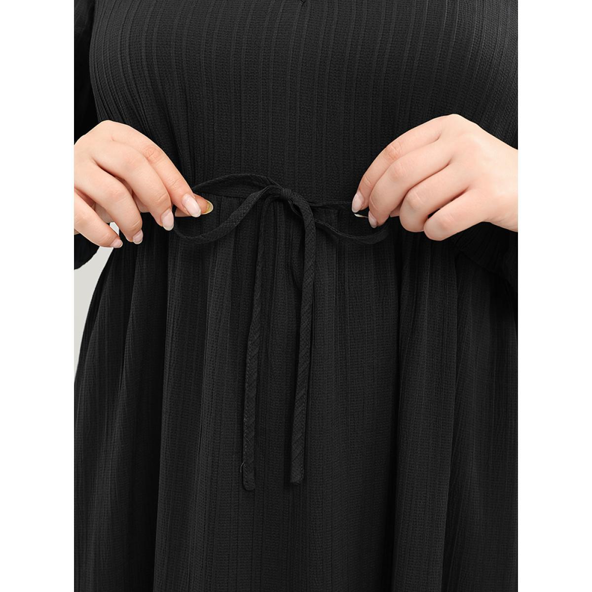 Plus Size Solid Lantern Sleeve Pocket Textured Ties Up Flutter Dress Black Women Office V-neck Long Sleeve Curvy Midi Dress BloomChic 18-20/2X Product Image