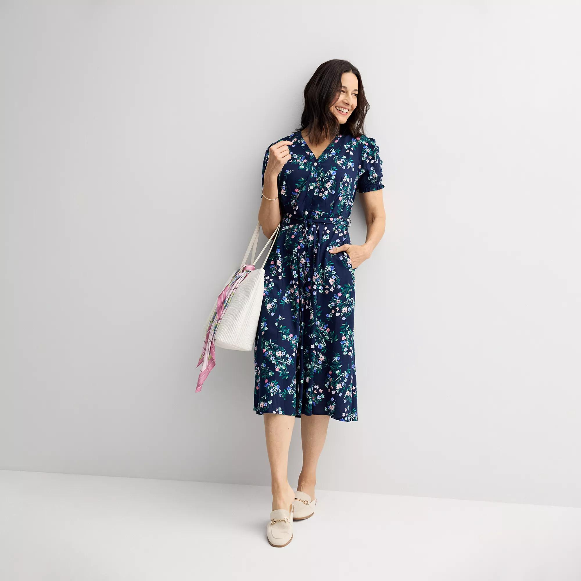 Petite Croft & Barrow® Button Front V-Neck Dress, Women's, Size: XS Petite, Blue Team Floral Product Image
