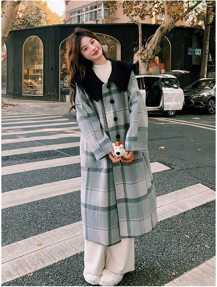 Collared Plaid Button-Up Long Coat Product Image