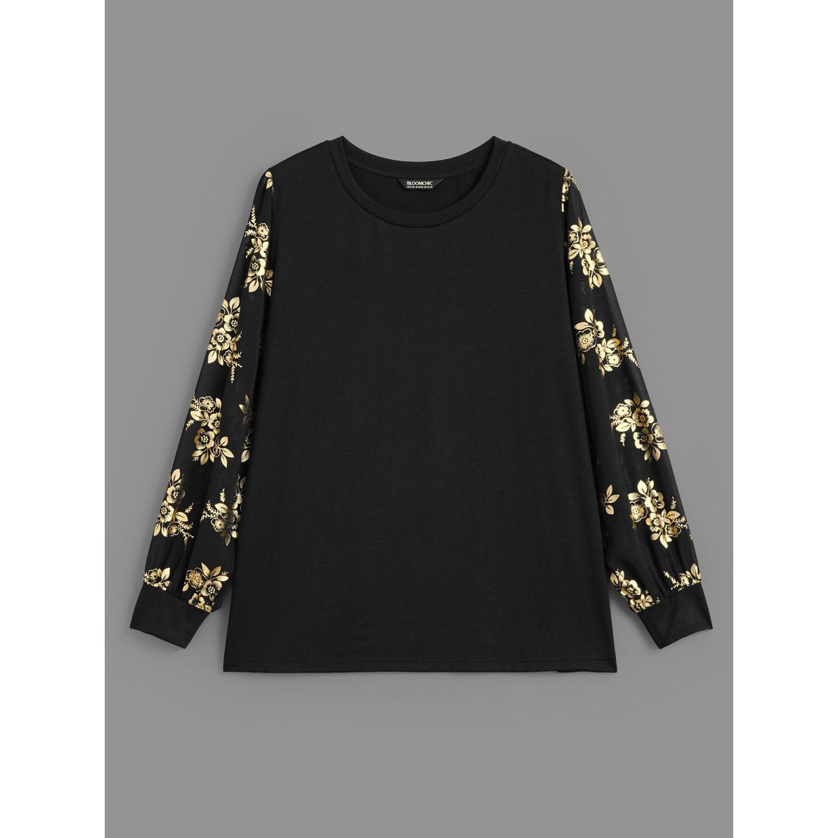 Plus Size Glitter Floral Patchwork Mesh T-shirt Black Women Elegant Contrast Natural Flowers Round Neck Everyday T-shirts BloomChic 18-20/2X Product Image