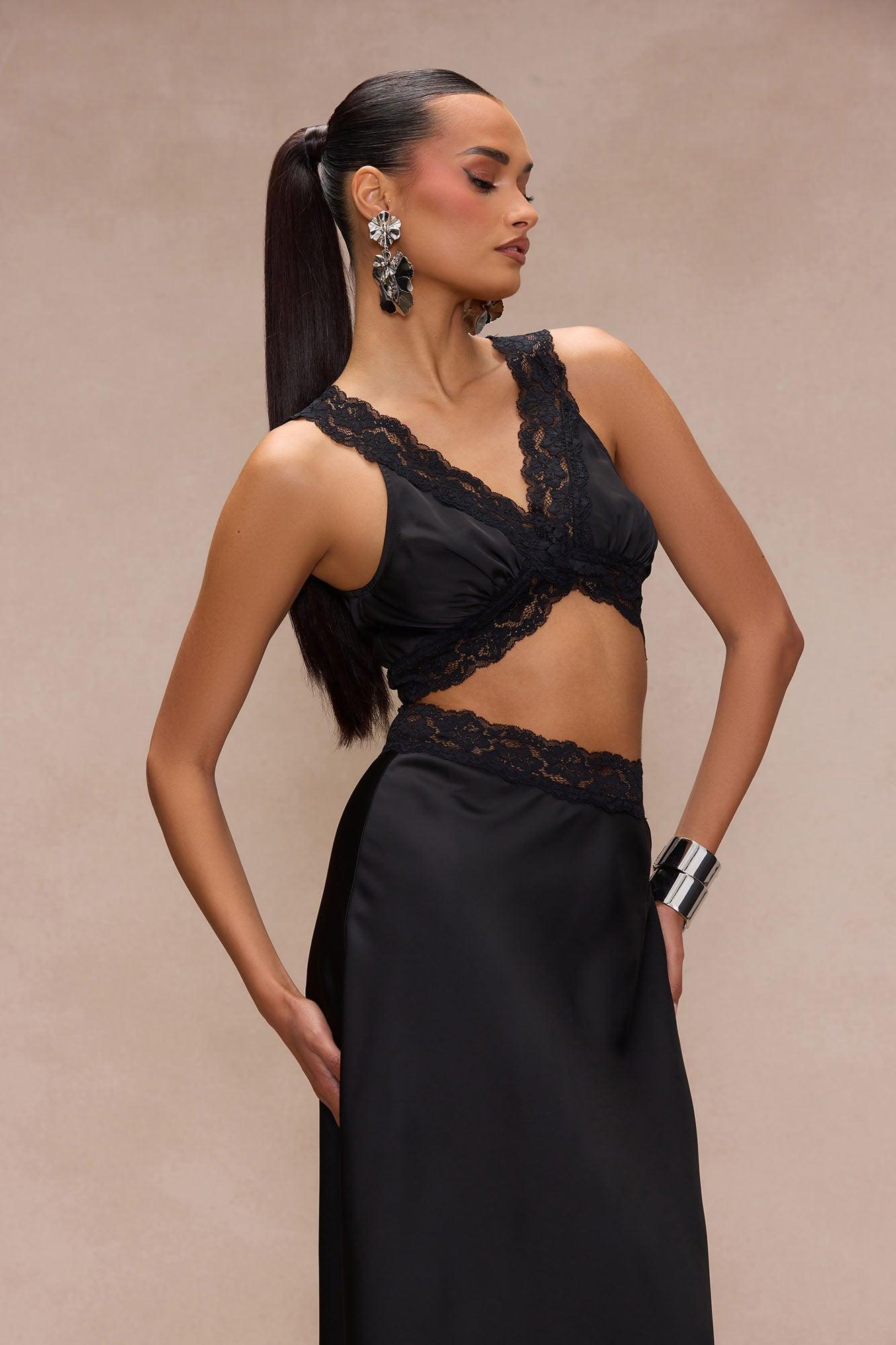 Keep It Cute Satin Skirt Set - Black Product Image
