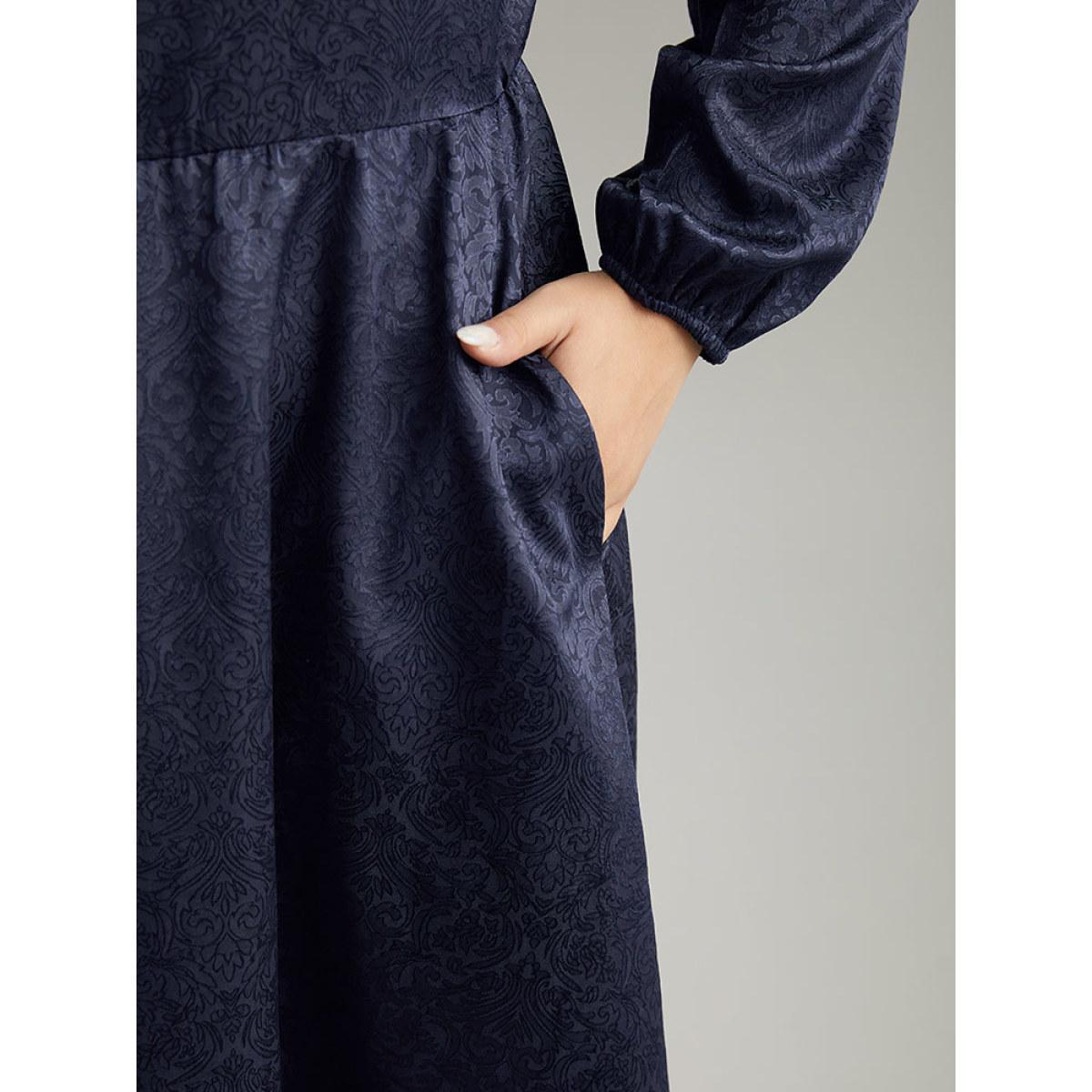 Plus Size Plain Textured Notched Lantern Sleeve Dress Indigo Women Glamour Elastic cuffs Notched collar Long Sleeve Curvy Knee Dress BloomChic 18-20/2X Product Image