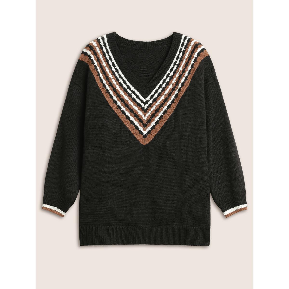 Plus Size V Contrast Striped Patchwork Knit Pullover Black Women Casual Loose Long Sleeve V-neck Dailywear Pullovers BloomChic 12/L Product Image