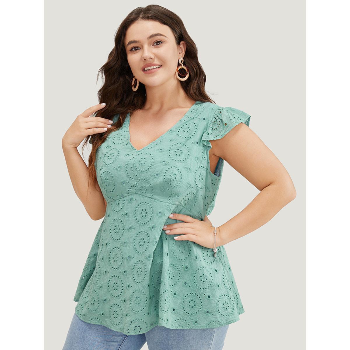 Plus Size Solid Broderie Anglaise Ruffles Cap Sleeve Tank Top Women Mint Elegant Broderie anglaise V-neck Dailywear Tank Tops Camis BloomChic 14-16/1X Product Image