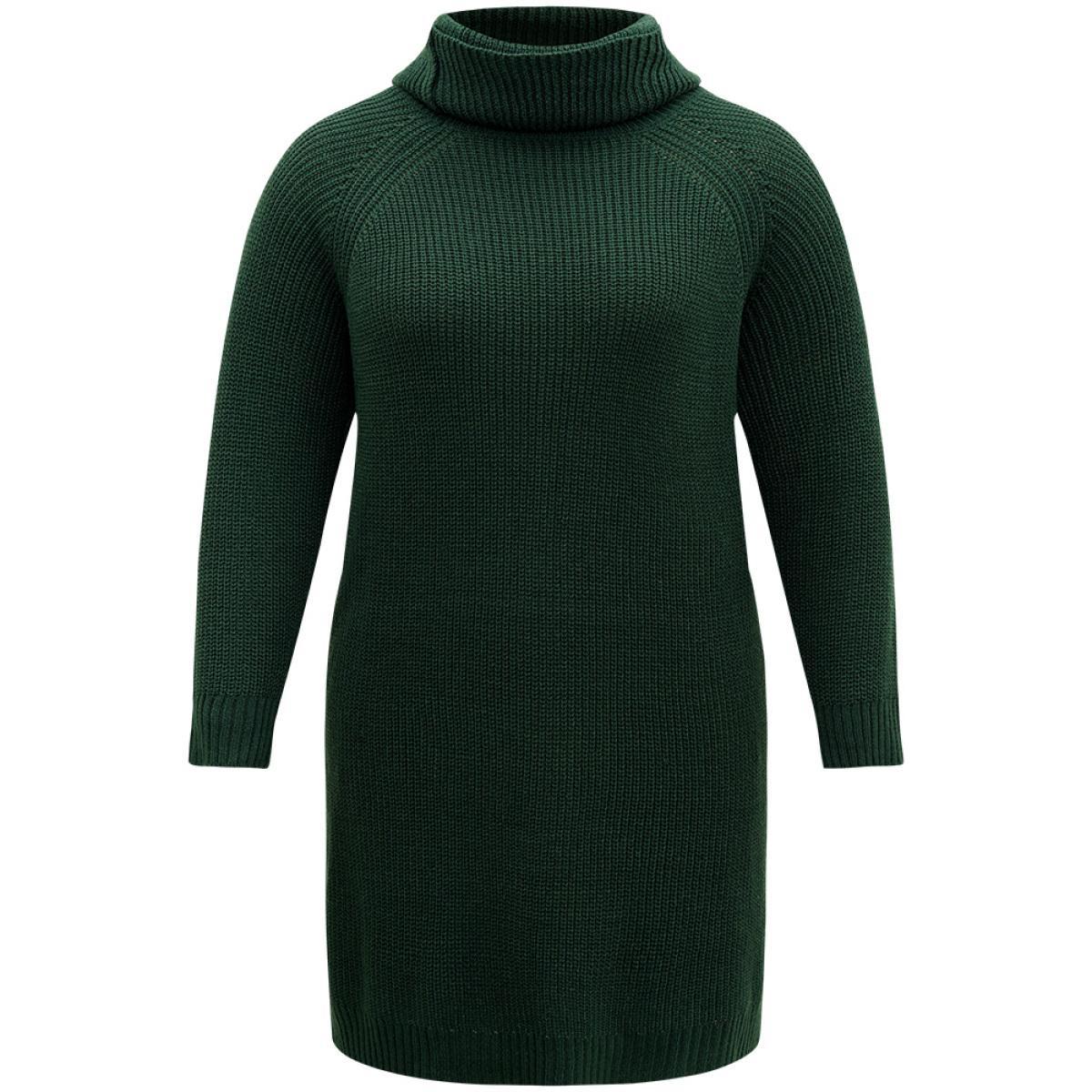 Plus Size Solid Plisse Turtle Neck Knee Sweater Dress DarkGreen Women Casual Loose Long Sleeve Festival-Christmas Sweater Dresses BloomChic 22-24/3X Product Image