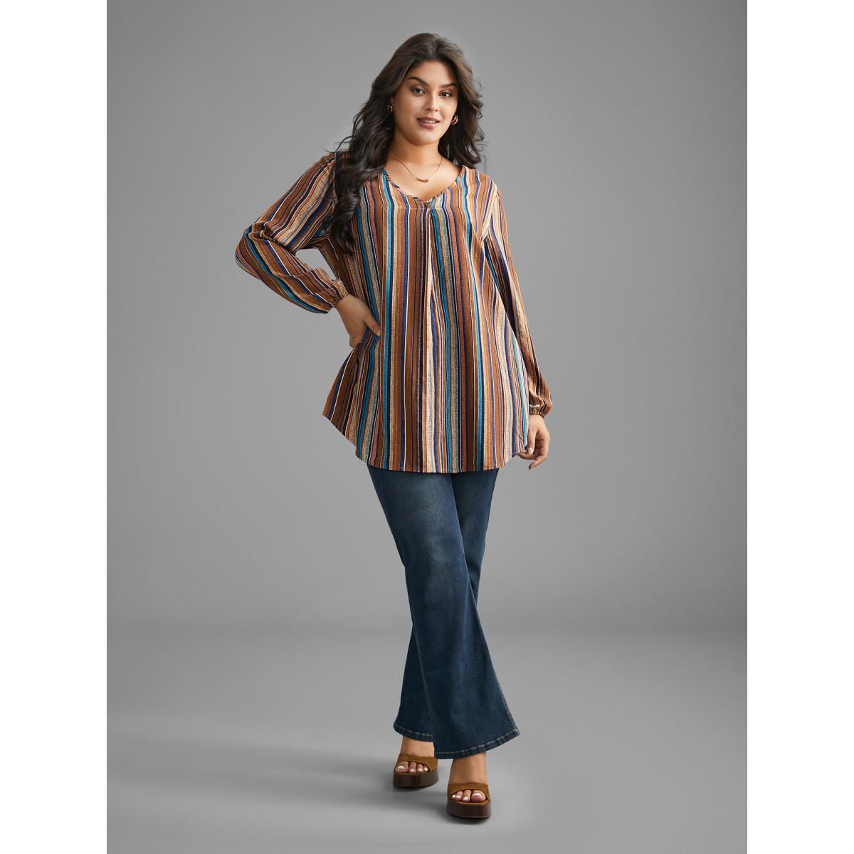 Plus Size Multicolor Contrast Striped Pocket Lantern Sleeve Blouse Women Elegant Extra Long Sleeve V-neck Everyday Blouses BloomChic 12/L Product Image