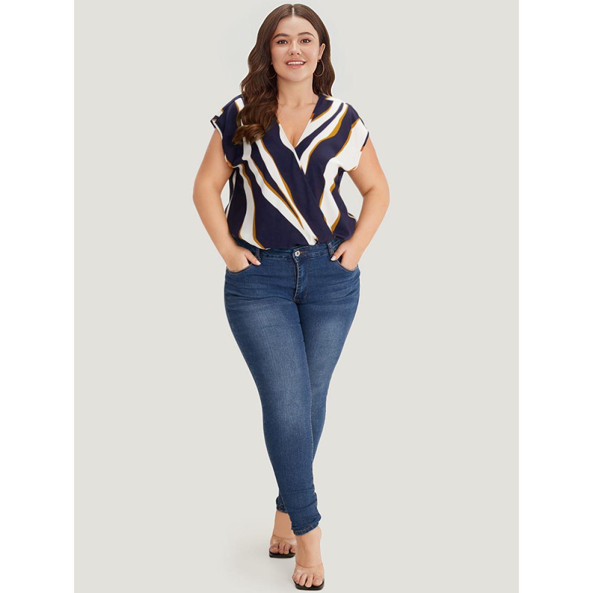 Plus Size Water Ripple Surplice Neck Dolman Sleeve Bodysuit Women Multicolor Water Ripple Wrap Bodysuits BloomChic 28/5X Product Image