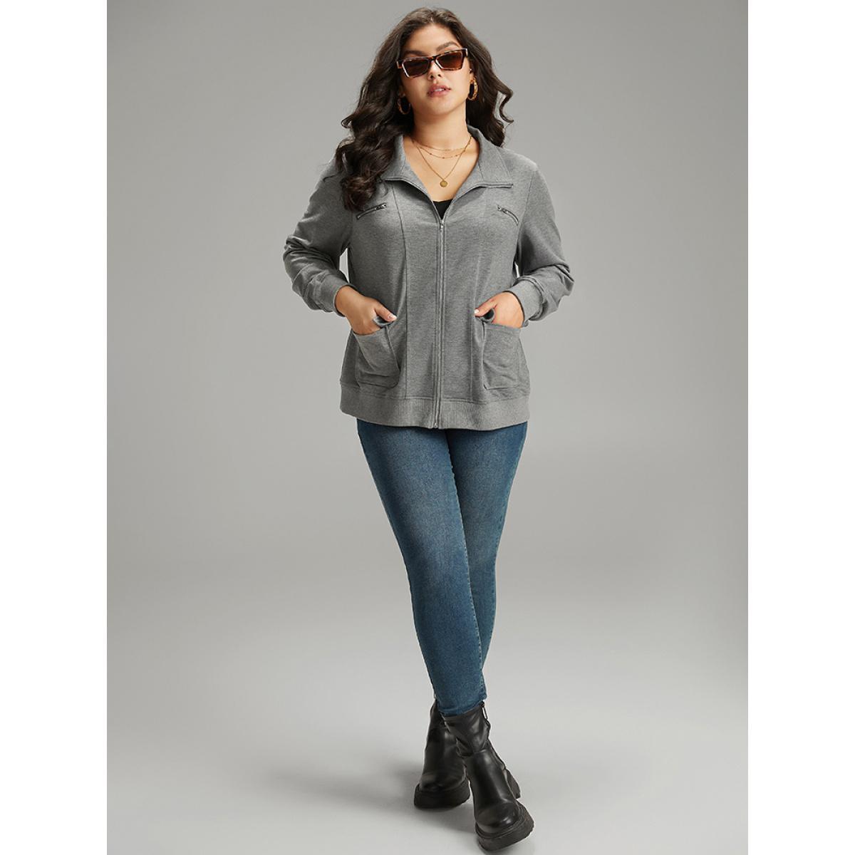 Plus Size Solid Zipper Pocket Jacket Women Gray Plain Pocket Everyday Jackets BloomChic 10/M Product Image