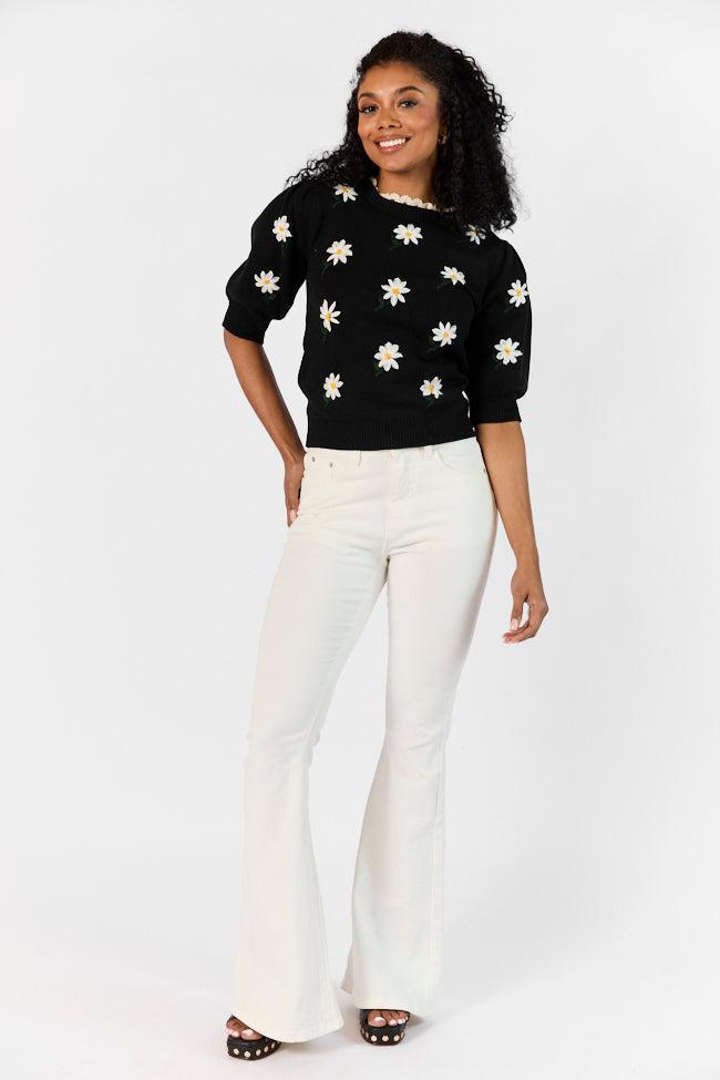 Around The Garden Black Floral Embroidered Lace Trim Short Sleeve Sweater SALE Product Image