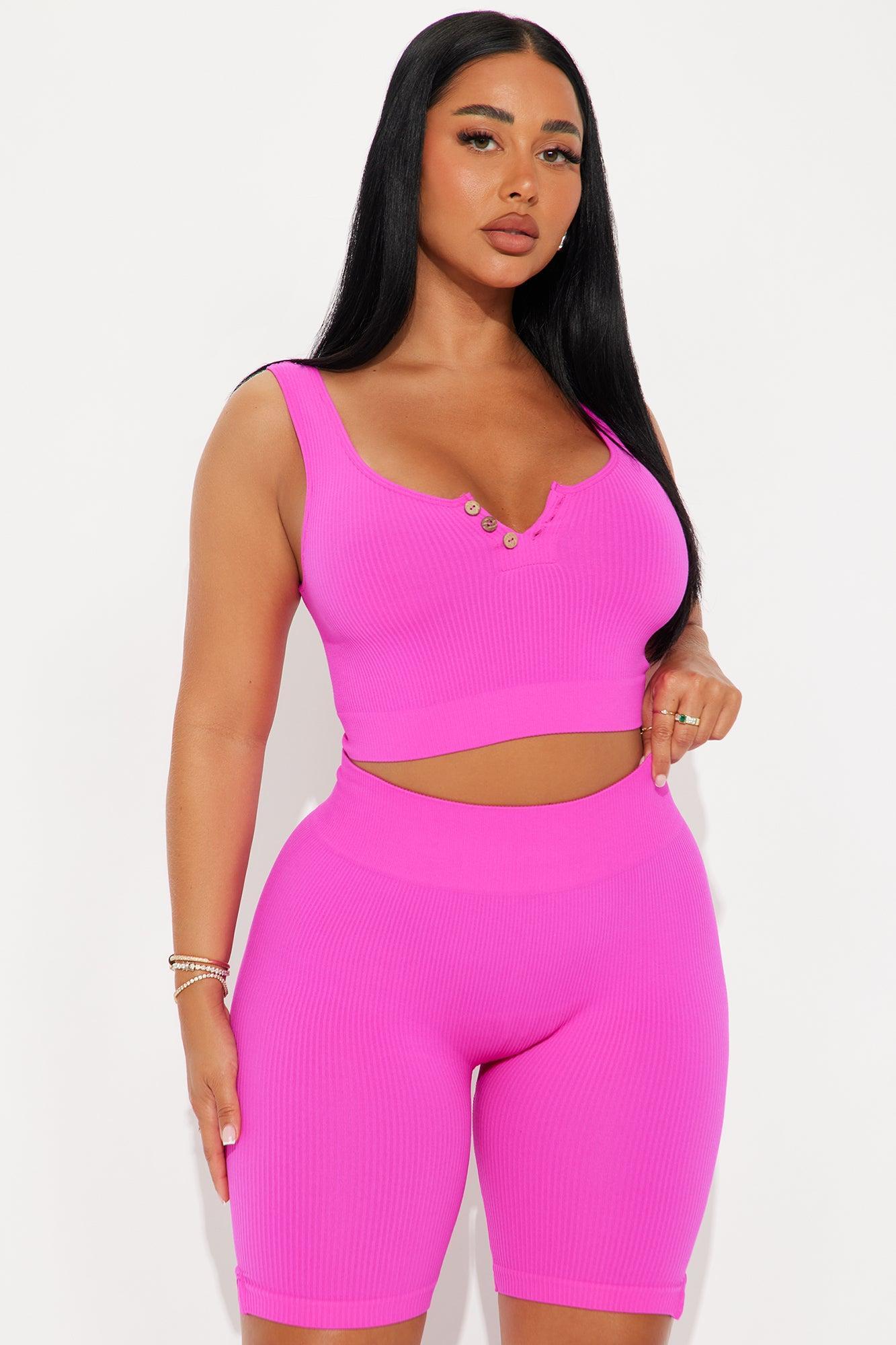 Hannah Seamless Ribbed Biker Short Set - Pink Product Image