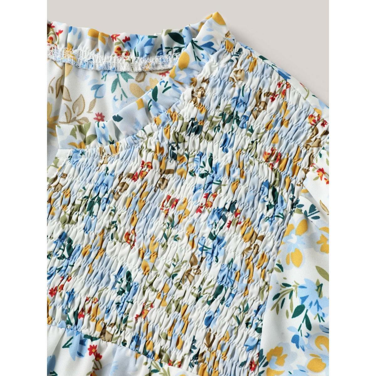 Plus Size LightBlue Floral Print Shirred Neck Blouse Women Short sleeve Flat collar Everyday-Casual Blouses BloomChic 28/5X Product Image
