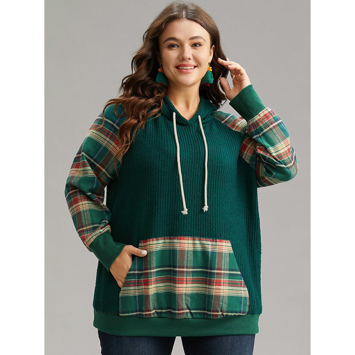 Plus Size Plaid Contrast Pocket Rib Knit Hooded Sweatshirt Women Green Casual Rib Knit Hooded Festival-Christmas Sweatshirts BloomChic 28/5X Product Image