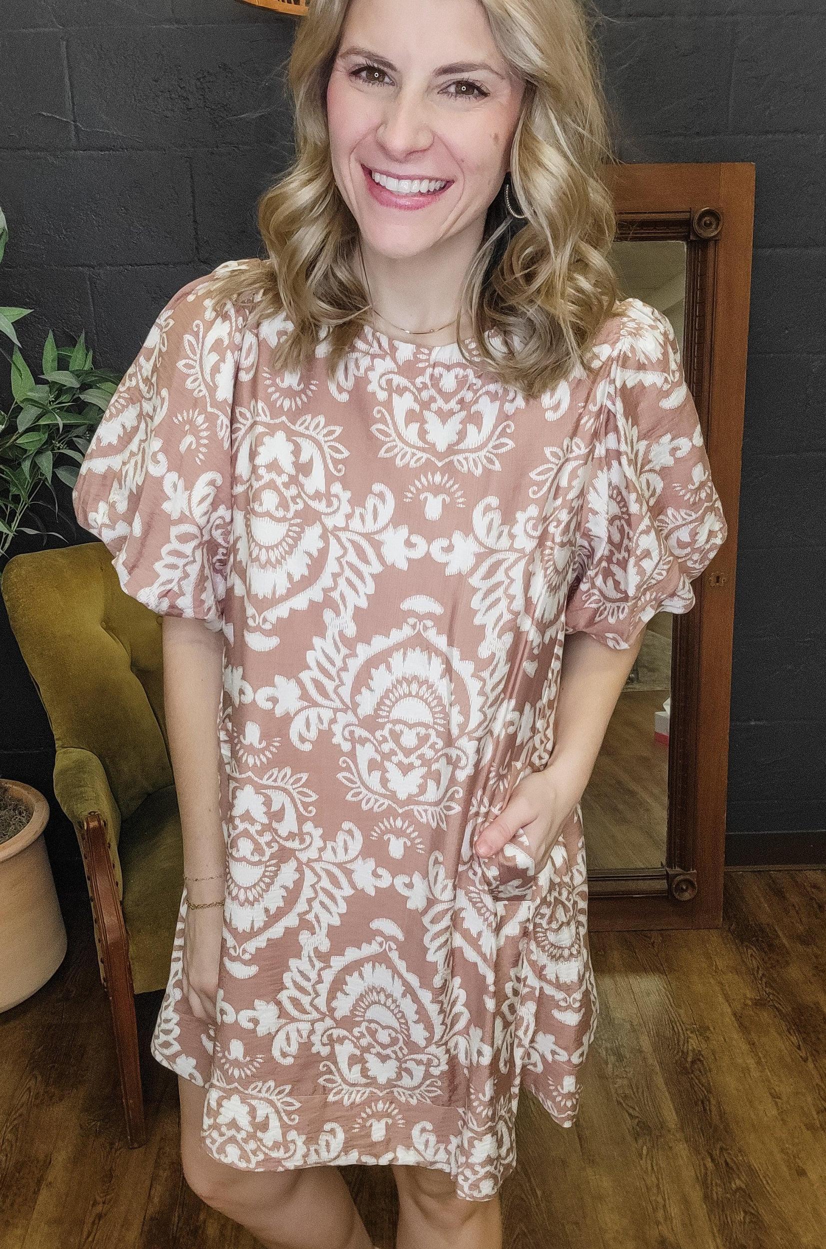 The Victoria Mauve and Ivory Print Dress (Small to Large) Product Image