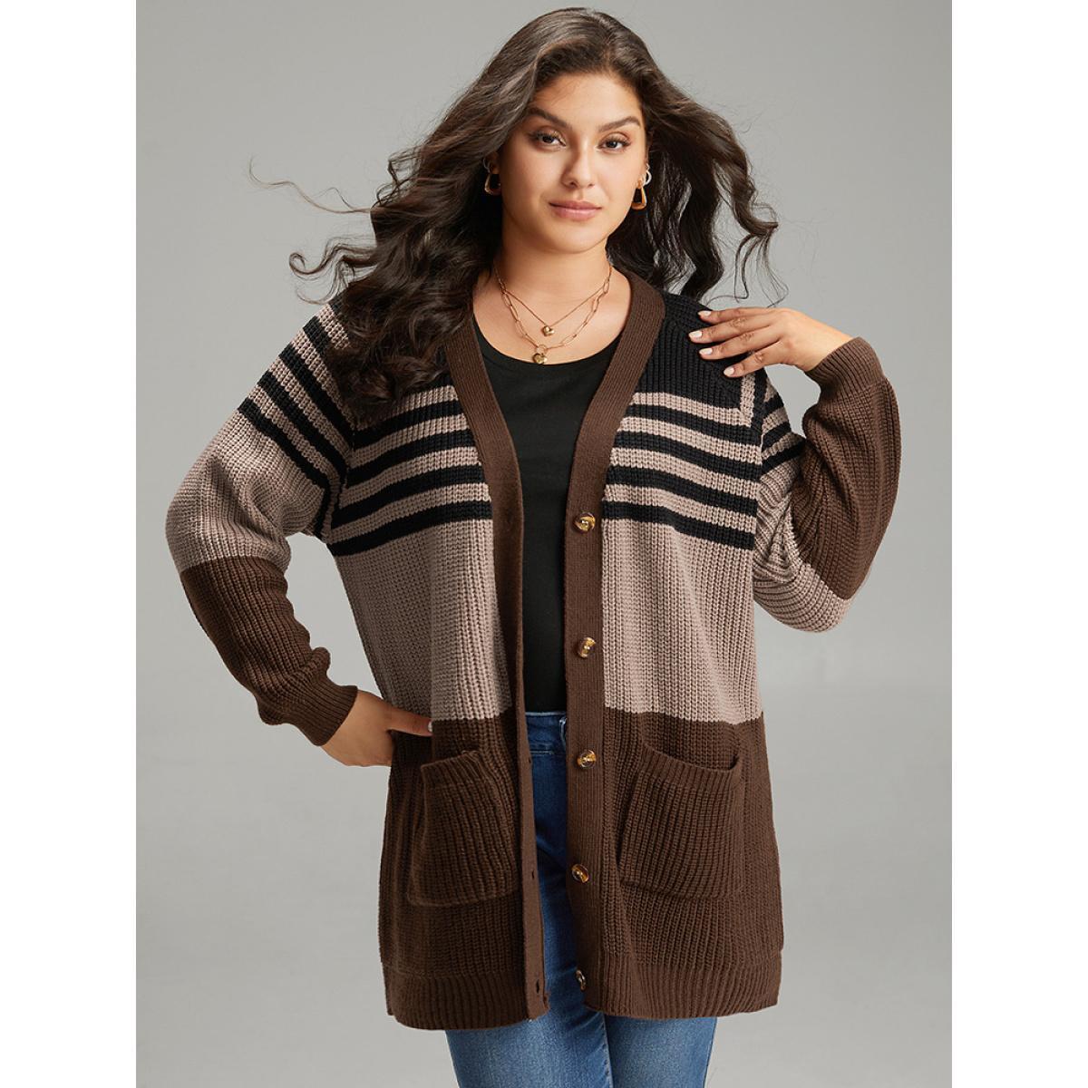 Plus Size Striped Colorblock Patched Pocket Cardigan Multicolor Women Casual Loose Long Sleeve Dailywear Cardigans BloomChic 28/5X Product Image