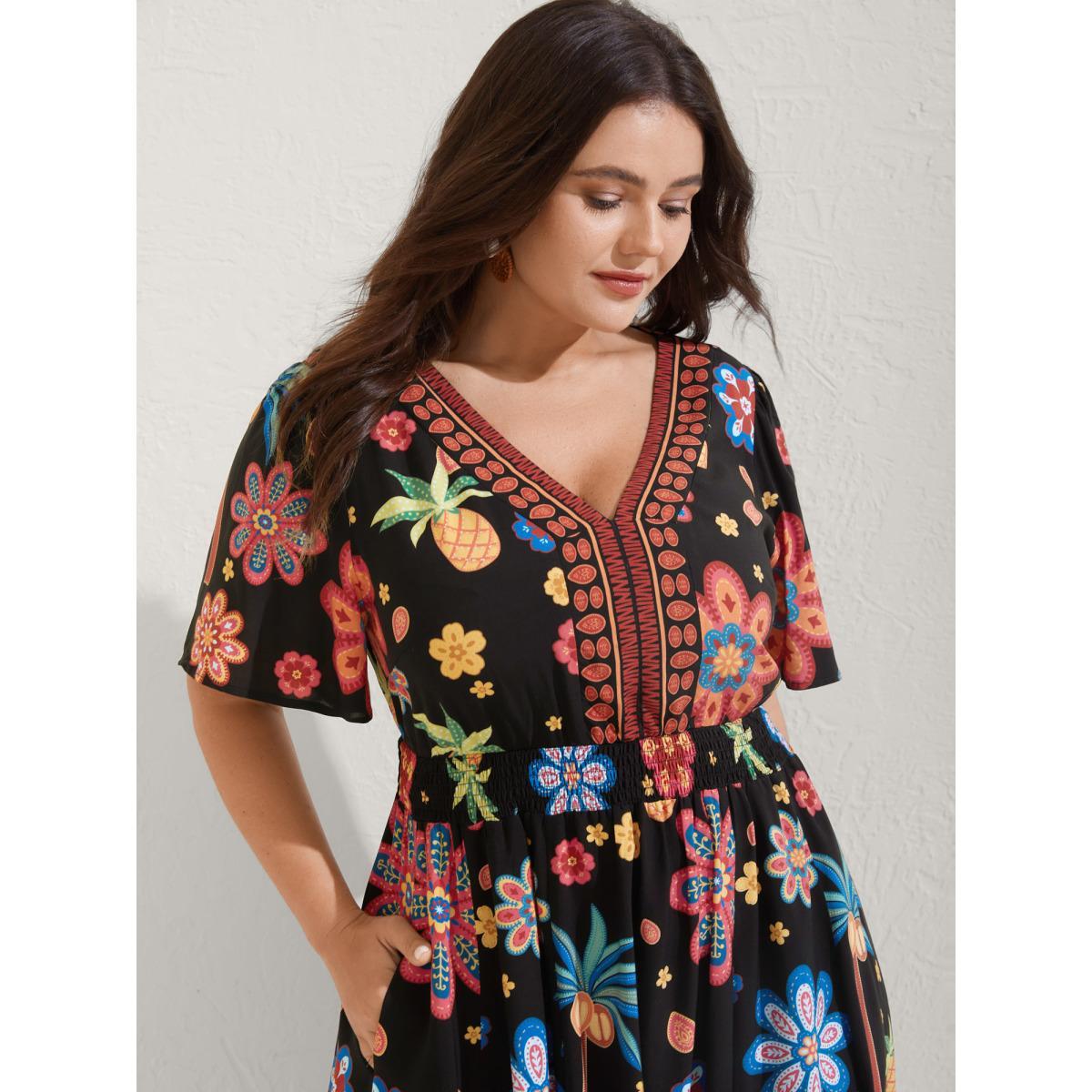 Plus Size Rayon Tropical Floral Shirred Waist Midi Dress Black Women V-neck Short sleeve Curvy BloomChic 28/5X Product Image