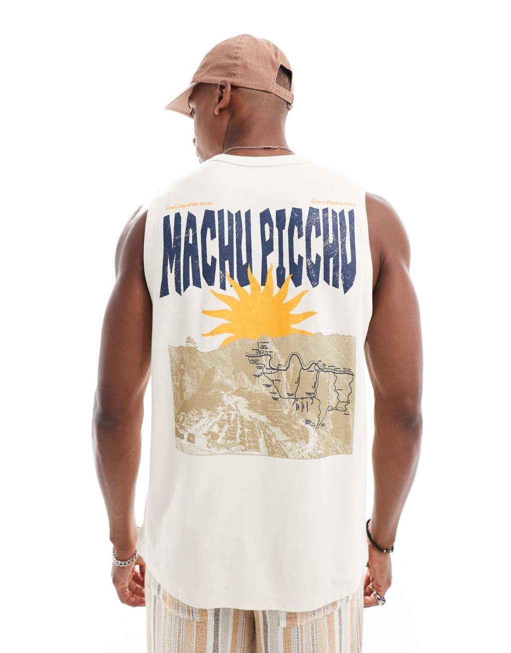 ASOS DESIGN relaxed tank top in off white fabric with scenic back print Product Image