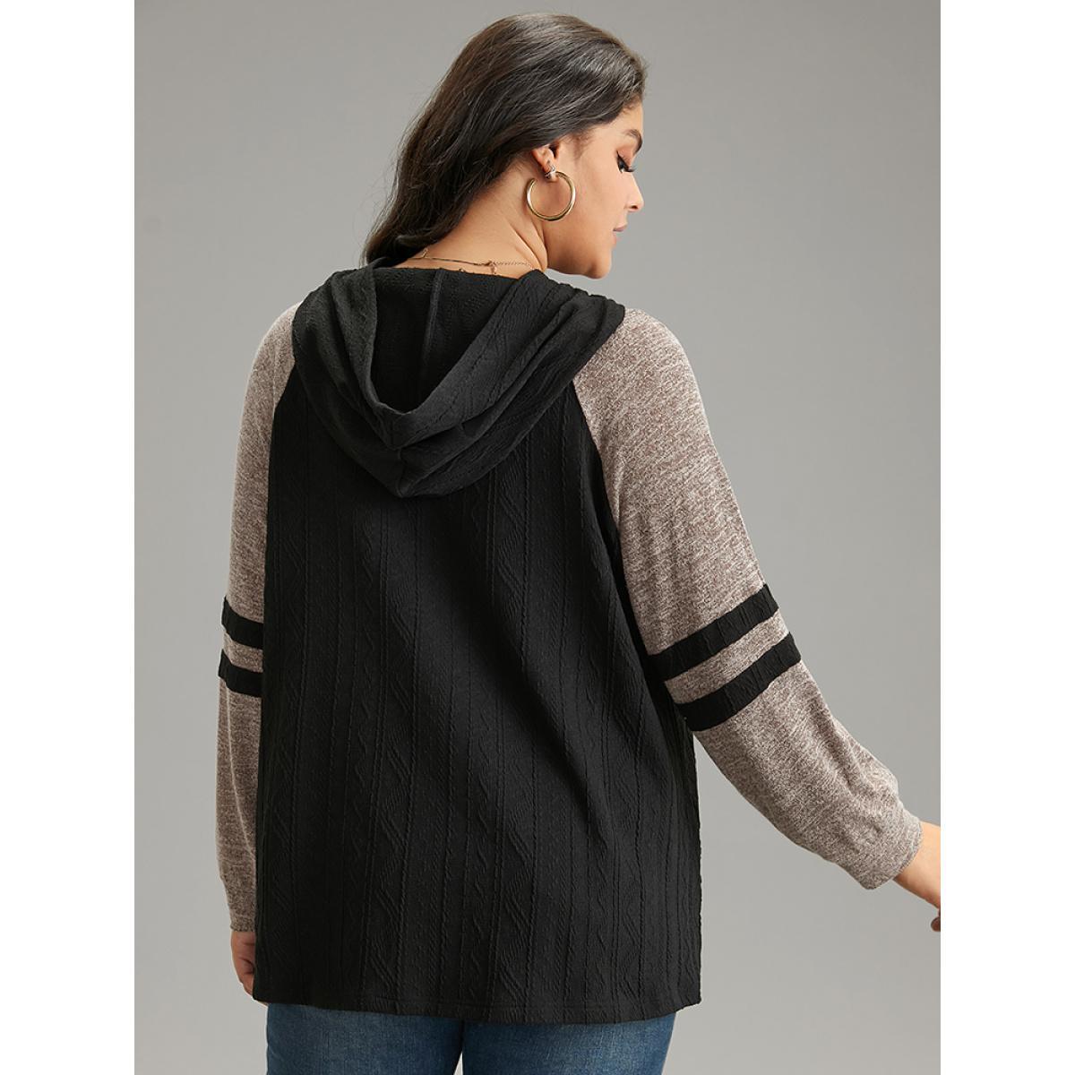 Plus Size Contrast Textured Raglan Sleeve Pocket Hooded Sweatshirt Women Black Casual Texture Hooded Dailywear Sweatshirts BloomChic 18-20/2X Product Image
