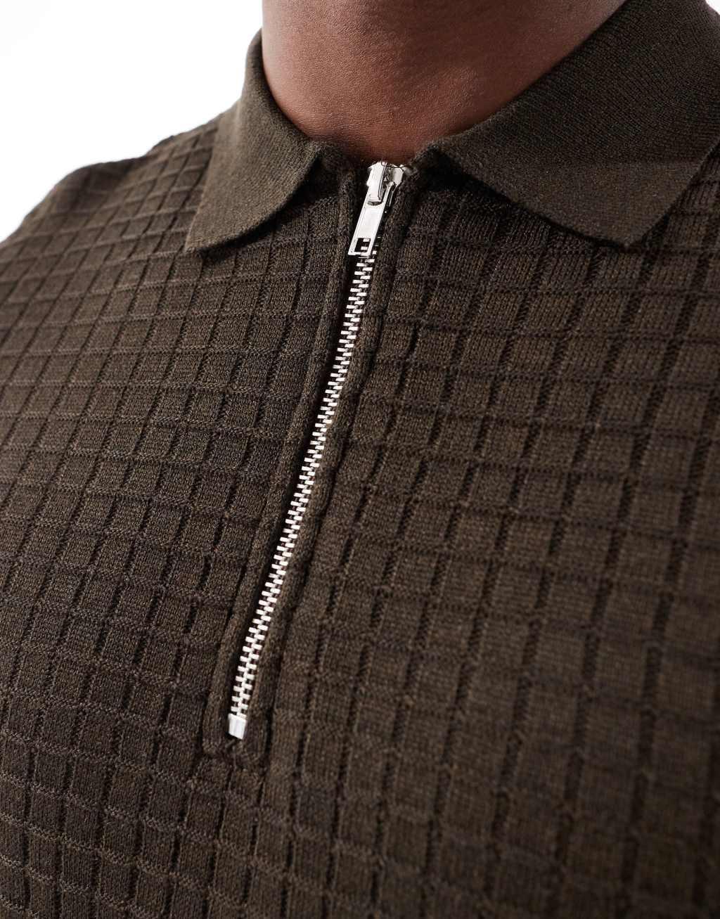 ASOS DESIGN relaxed long sleeve waffle knit polo sweater in brown Product Image