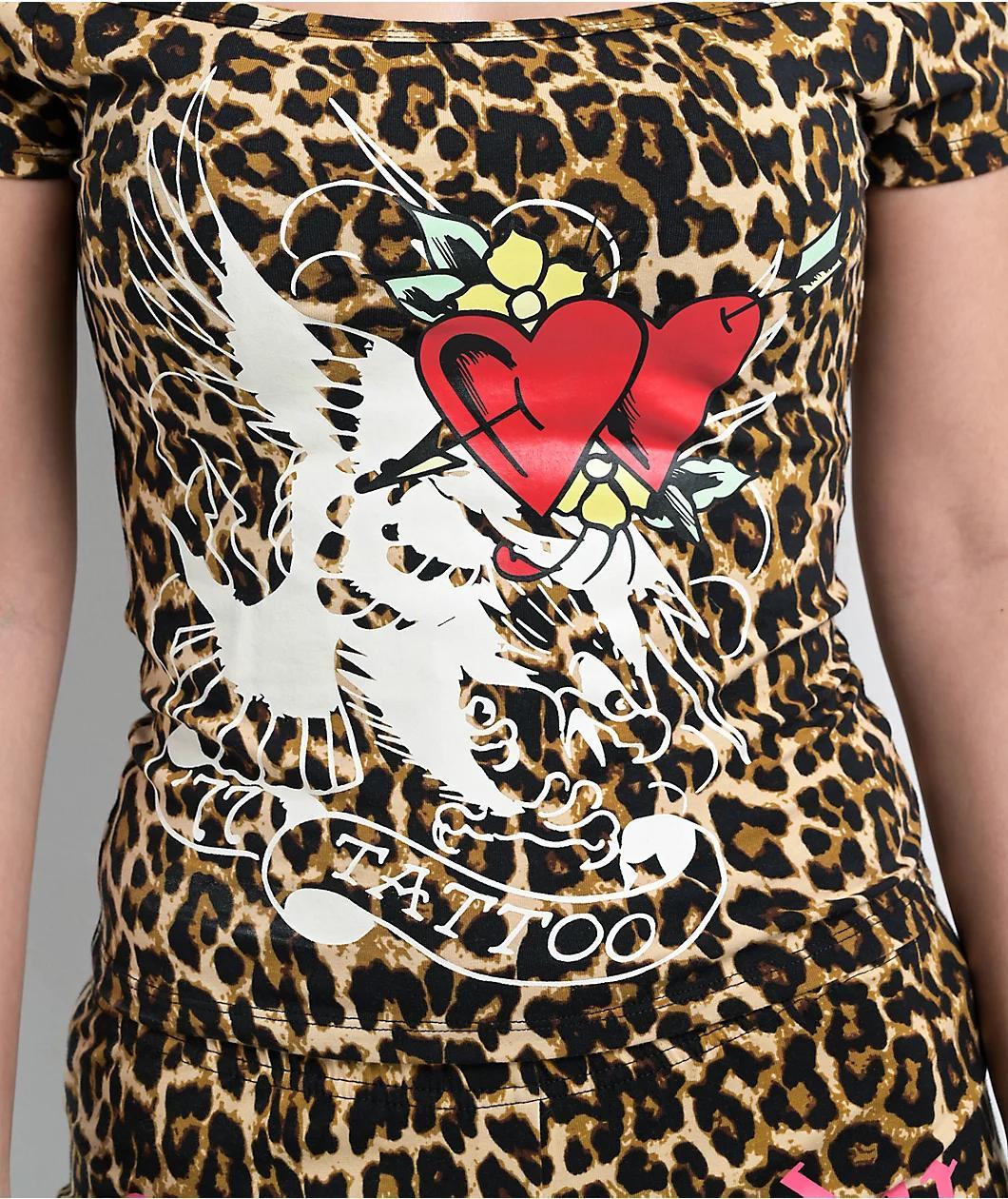 Ed Hardy Hearts Leopard Print Off Shoulder Crop T-Shirt Product Image