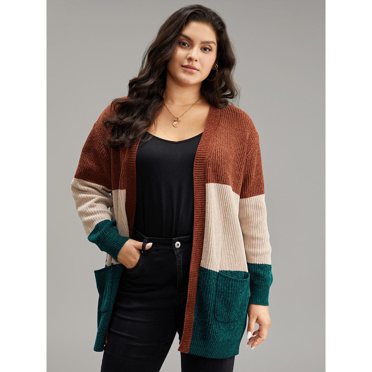 Plus Size Open Front Colorblock Patched Pocket Cardigan Multicolor Women Casual Loose Long Sleeve Dailywear Cardigans BloomChic 10/M Product Image