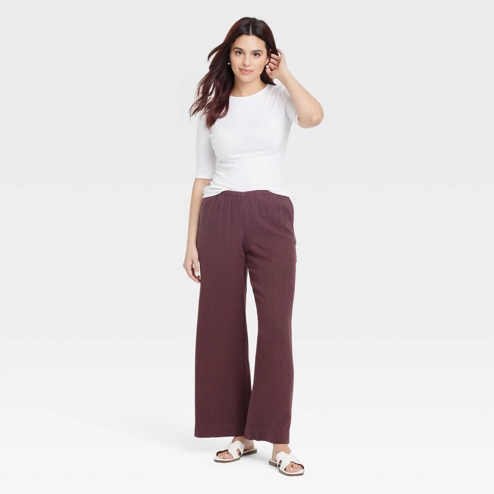 Women's Mid-Rise Wide Leg Linen Pull-On Pants - A New Day™ Brown XS: Adjustable Waistband, Seam Pocket Product Image