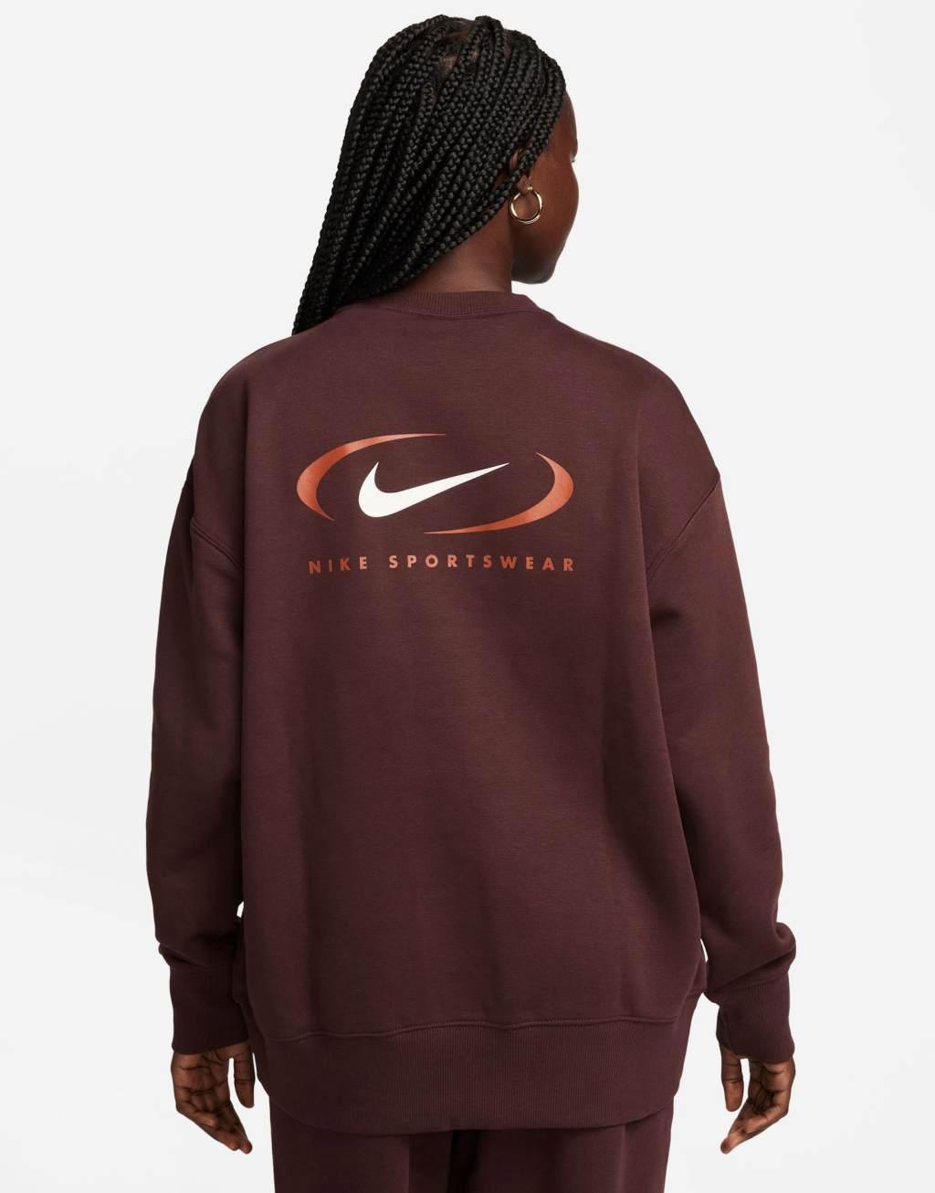 Nike Swoosh oversized fleece sweatshirt in earth brown Product Image