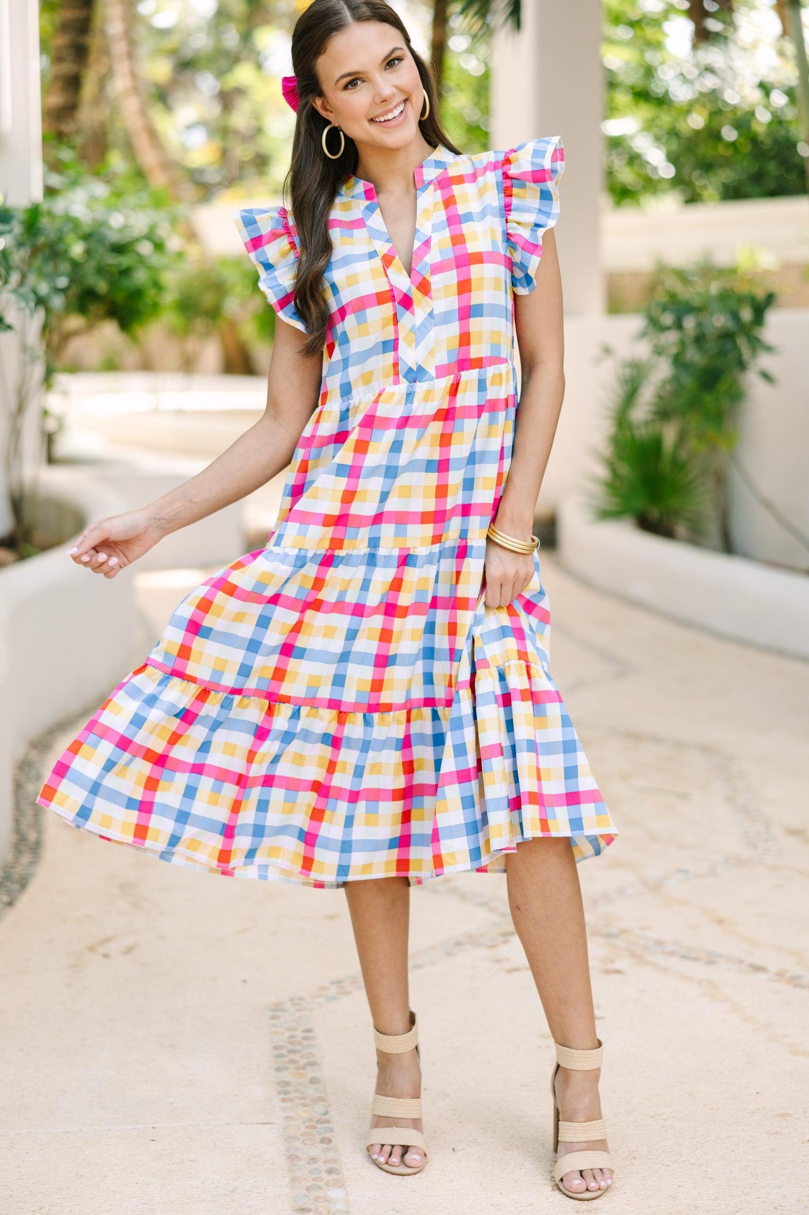 Just A Dream Pink Gingham Midi Dress Female Product Image