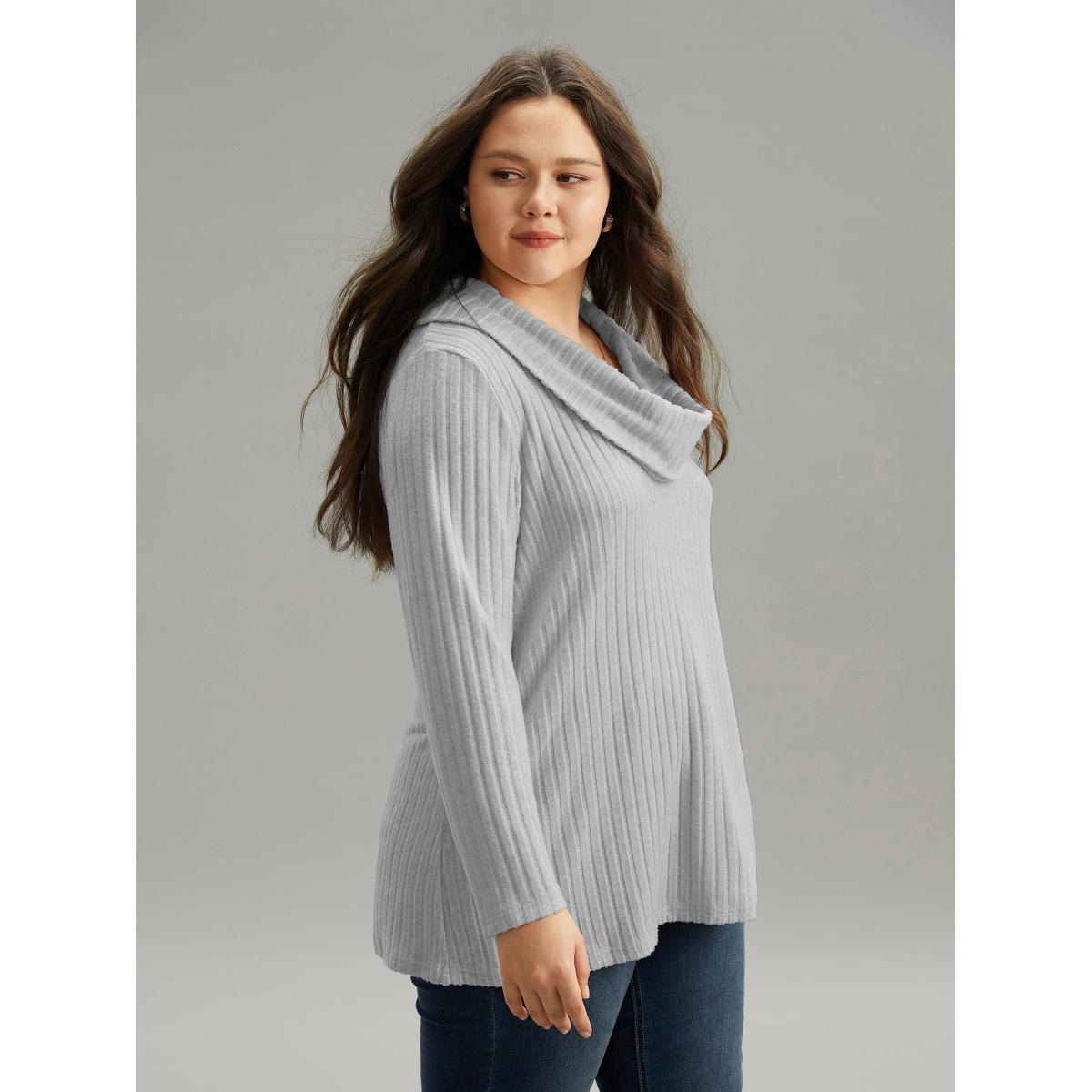 Plus Size Plain Rib Knit Cowl Neck T-shirt LightGray Women Elegant Texture Plain Ruffled collar Dailywear T-shirts BloomChic 10/M Product Image