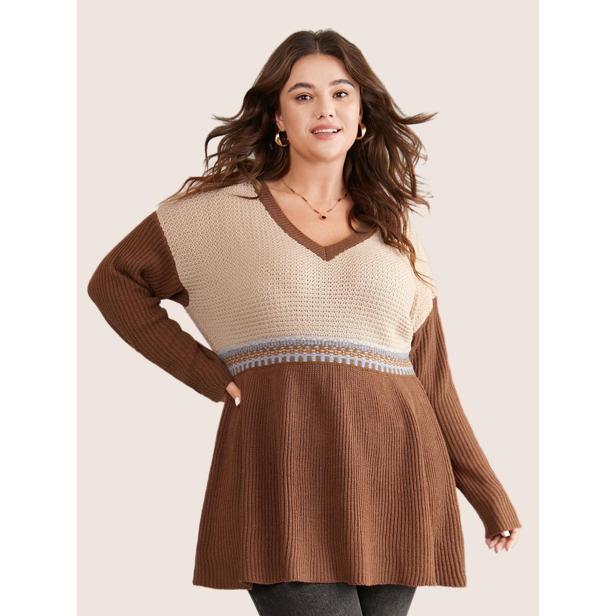 Plus Size Colorblock Contrast Texture Elastic Waist Pullover Maroon Women Casual Long Sleeve V-neck Everyday Pullovers BloomChic 28/5X Product Image