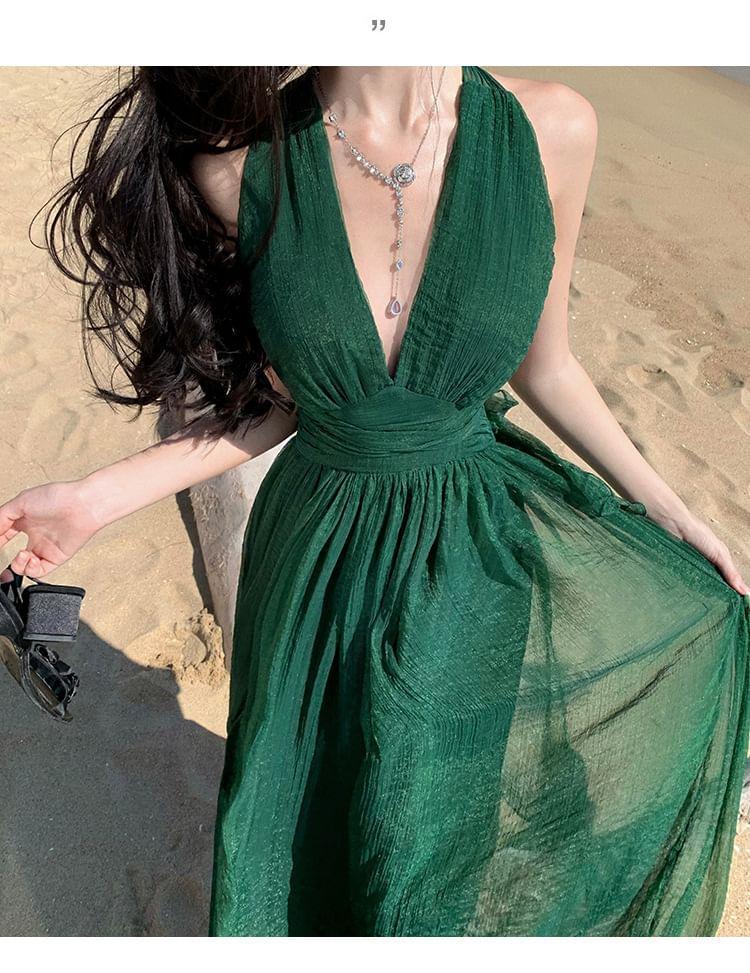 Halter V-Neck Plain Open Back Slit Maxi A-Line Dress Product Image