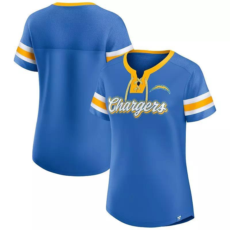 Women's Fanatics  Powder Blue Los Angeles Chargers True Catch Iconic Rhinestone Bling Athena Lace-Up T-Shirt, Size: 2XL, Light Product Image
