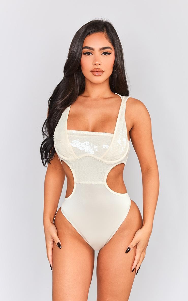 Petite White Sequin Cut Out Bodysuit With Hood Product Image