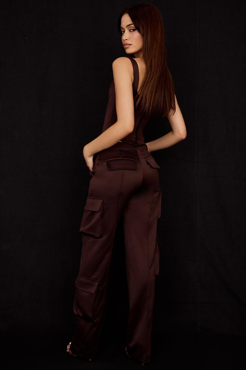 Daria Chocolate Satin Cargo Trousers Product Image
