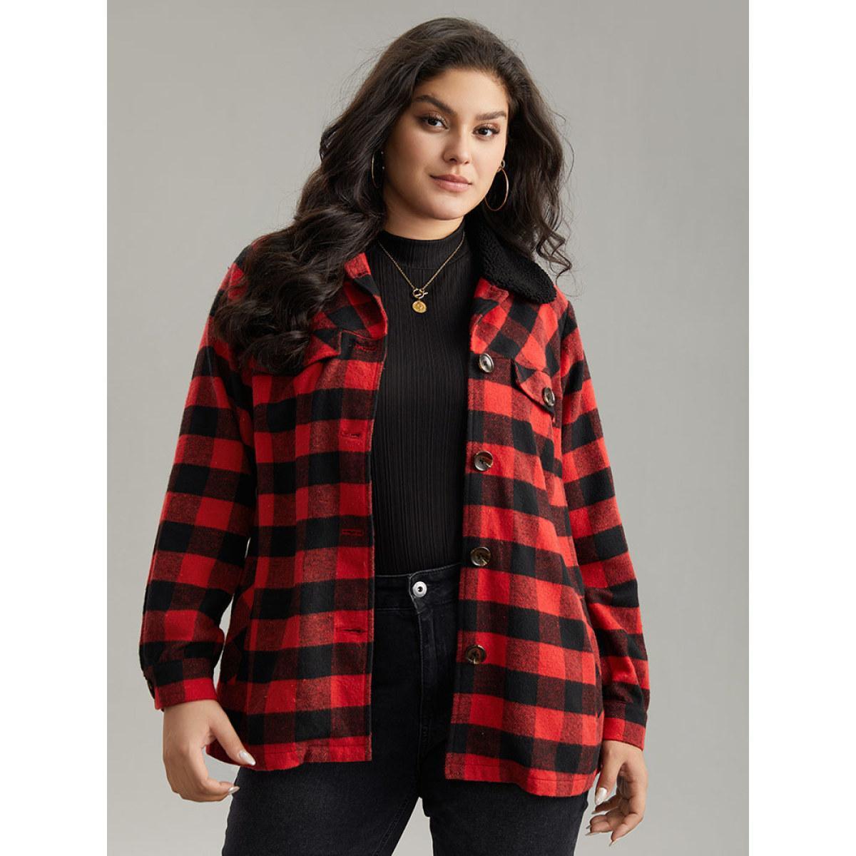 Plus Size Plaid Button Through Patchwork Contrast Shacket Women Red Casual Contrast Ladies Dailywear Winter Coats BloomChic 30/6X Product Image