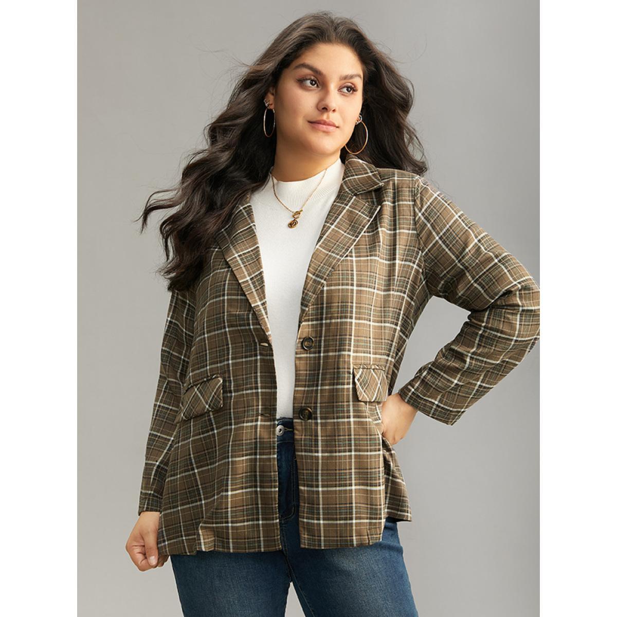 Plus Size Plaid Flap Pocket Button Through Blazer Bronze Women Work Plaid Contrast Sleeve Long Sleeve Lapel Collar 22-24/3X Pocket Office Blazers BloomChic Product Image
