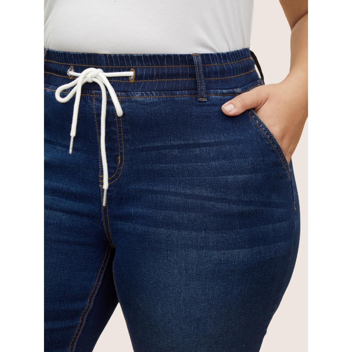 Plus Size Dark Wash Drawstring Slit Hem Denim Shorts Women Indigo Drawstring High stretch Everyday Slanted pocket Casual Denim Shorts BloomChic 30/6X Product Image