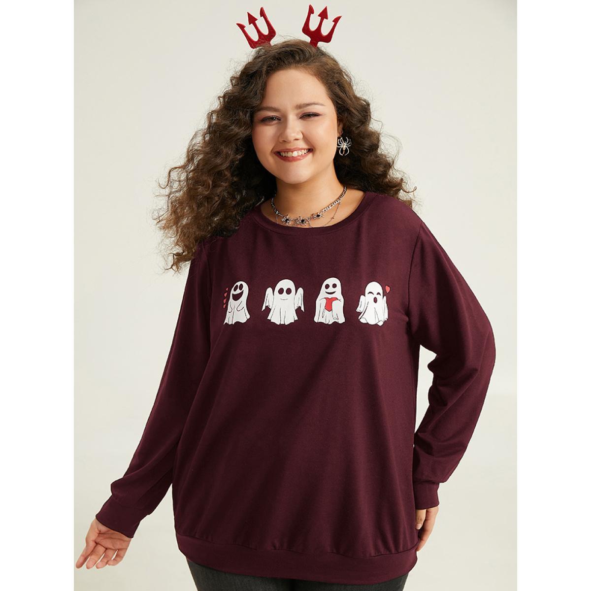Plus Size Halloween Print Crew Neck Sweatshirt Women Burgundy Casual Printed Festival-Halloween Sweatshirts BloomChic 10/M Product Image