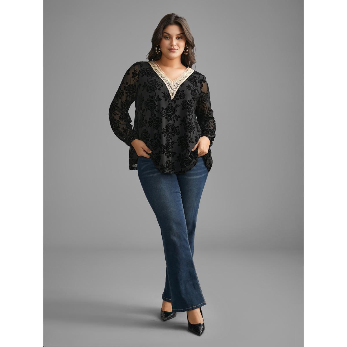 Plus Size Black Sheer Flocked Lace Trim V-neck Blouse Women Cocktail Long Sleeve V-neck Party Blouses BloomChic 28/5X Product Image