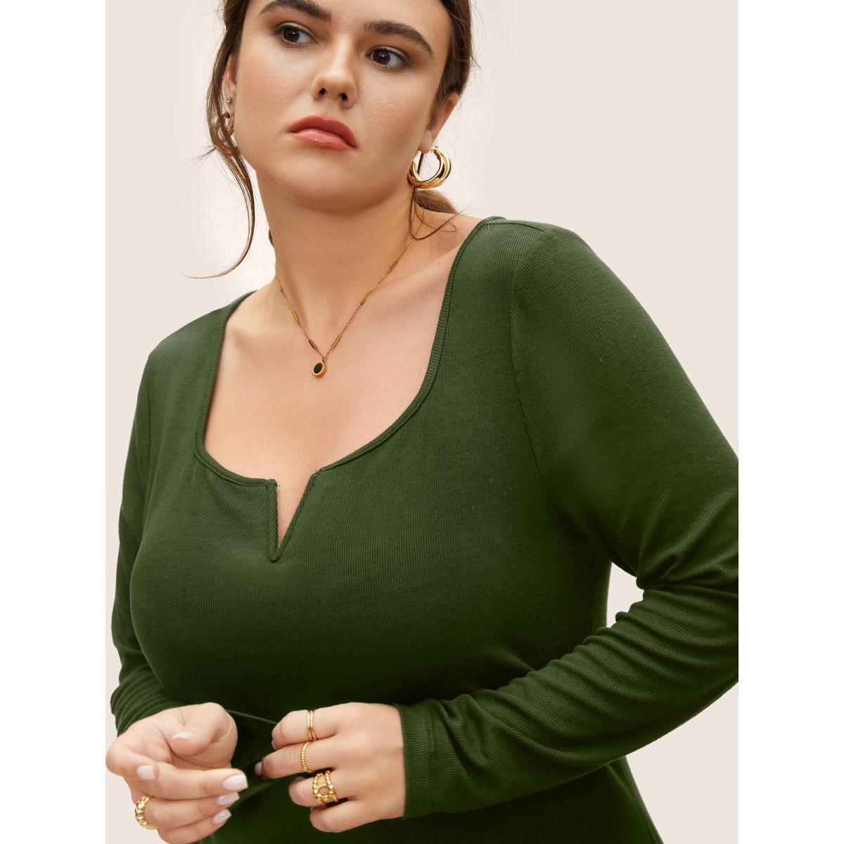 Plus Size V-notch Solid Knit T-shirt ArmyGreen Women At the Office Texture Flat collar with V-notch Skinny Work T-shirts BloomChic 28/5X Product Image