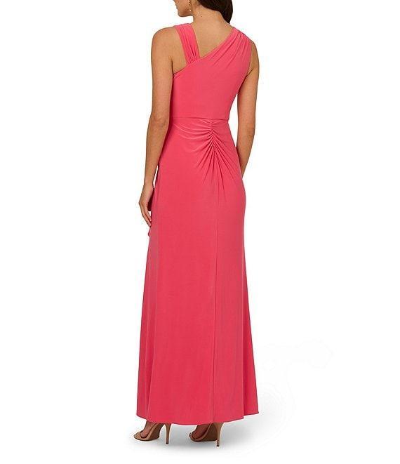 Adrianna Papell Jersey Asymmetrical Neck Sleeveless Ruffle Applique Sheath Gown Product Image