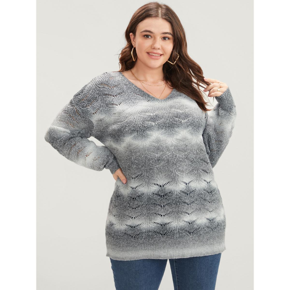 Plus Size Ombre Spacedye Knit Eyelet V Neck Heather Knit Top Multicolor Women Casual Loose Long Sleeve V-neck Dailywear Pullovers BloomChic 10/M Product Image