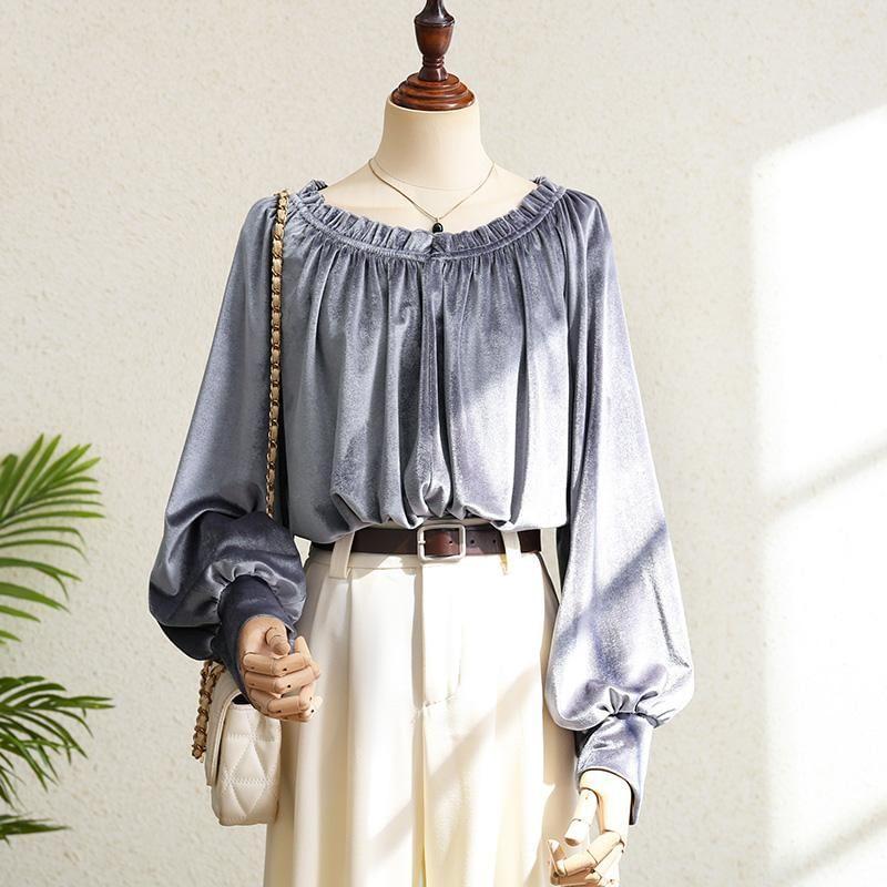 Balloon Sleeve Crew Neck Frill Velvet Blouse Product Image
