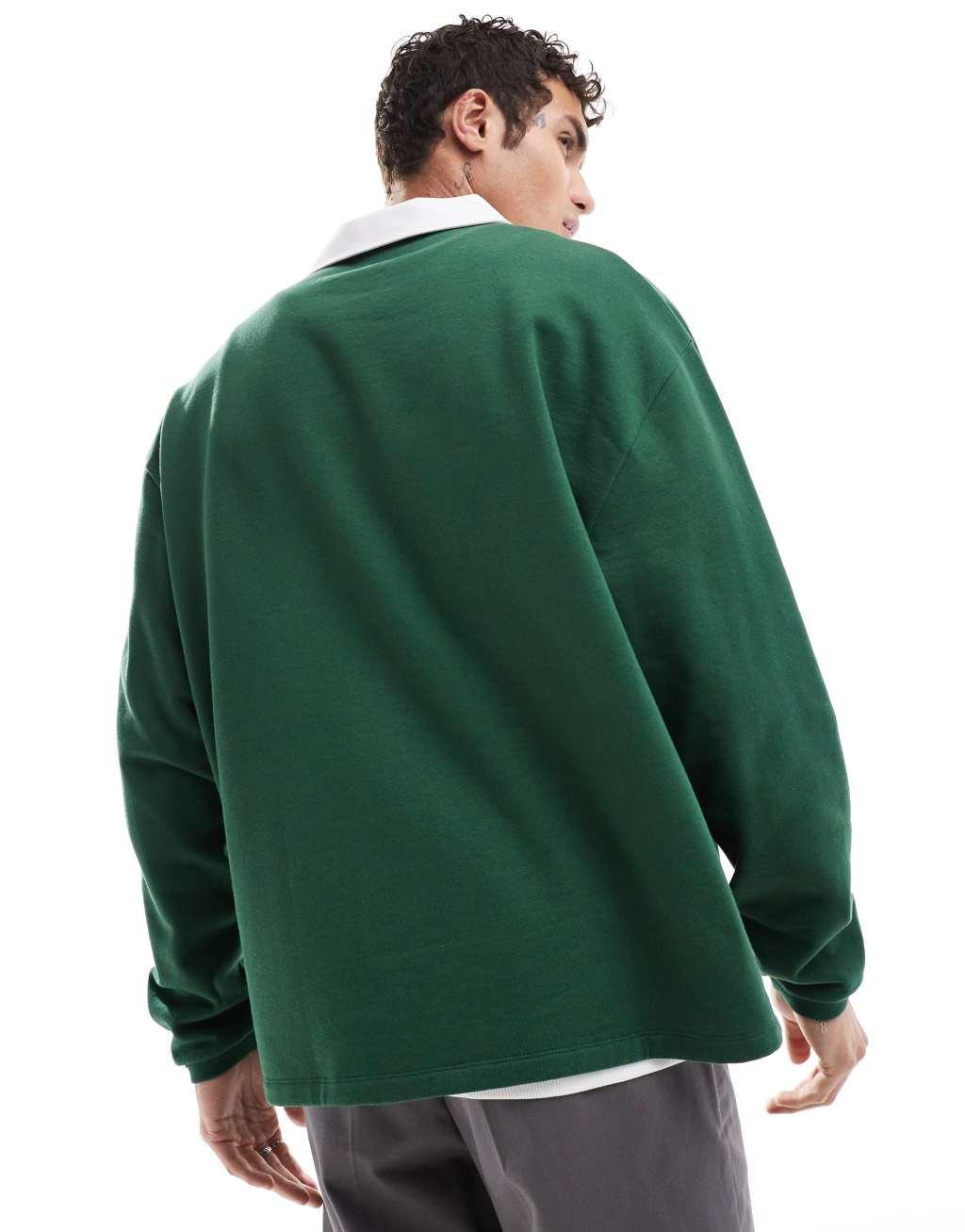 ASOS DESIGN oversized rugby polo sweatshirt in dark green Product Image