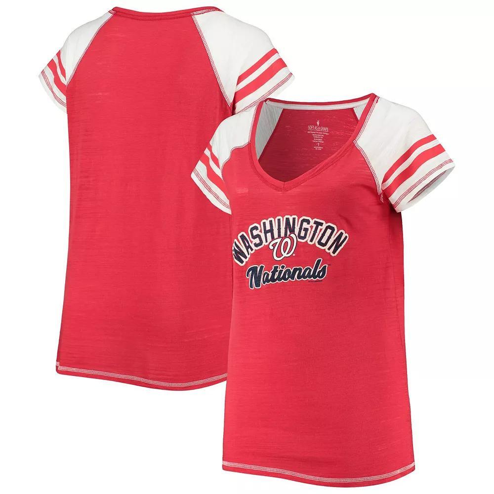 Women's Soft as a Grape Red Washington Nationals Curvy Colorblock Tri-Blend Raglan V-Neck T-Shirt, Size: 1XL Product Image